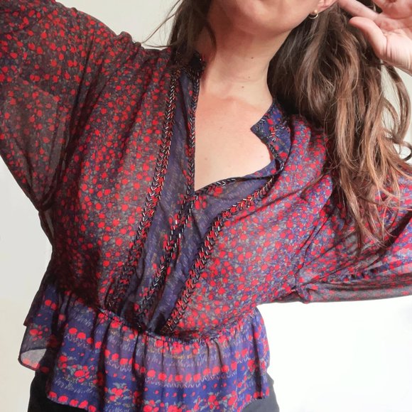 Free People If I Had You Peplum Blouse Red Size M - Picture 3 of 6
